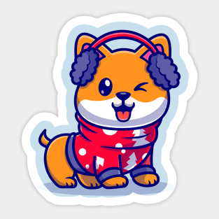 Cute Shiba Inu Dog In Winter Season Cartoon Sticker